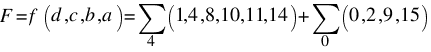 F = f (d, c, b, a) = sum {4}{}{(1, 4, 8, 10, 11, 14)} + sum {0}{}{(0, 2, 9, 15)}
